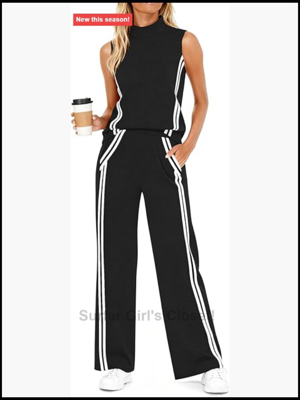 Womens 2 Piece Lounge Set Stripes Mock Neck Tank Top Wide Leg Pants Travel